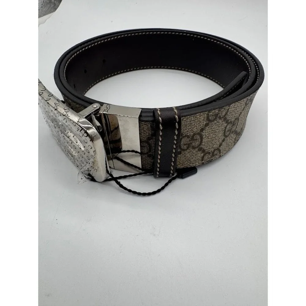 Gucci GG Supreme Canvas Interlocking G Buckle Belt Brown Leather 223891 Size 34